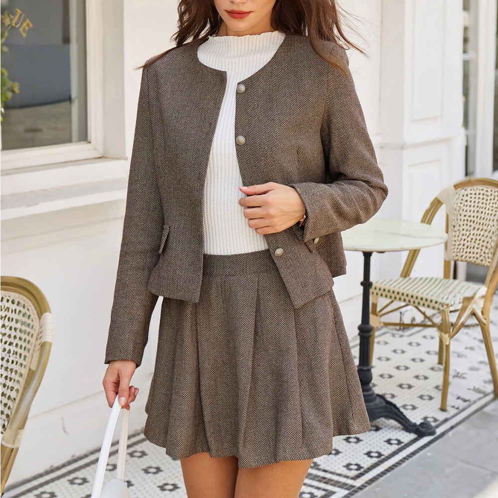 Rihoas Brown Herringbone A-Line Pockets Pleated Mini Skirt - Picture 3 of 6